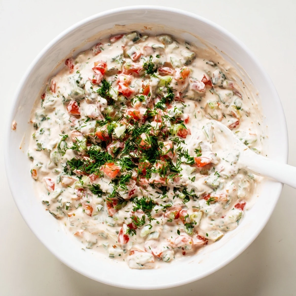 Creamy Grillos pickle de gallo ranch dip served in white bowl surrounded by tortilla chips and fresh vegetable crudités