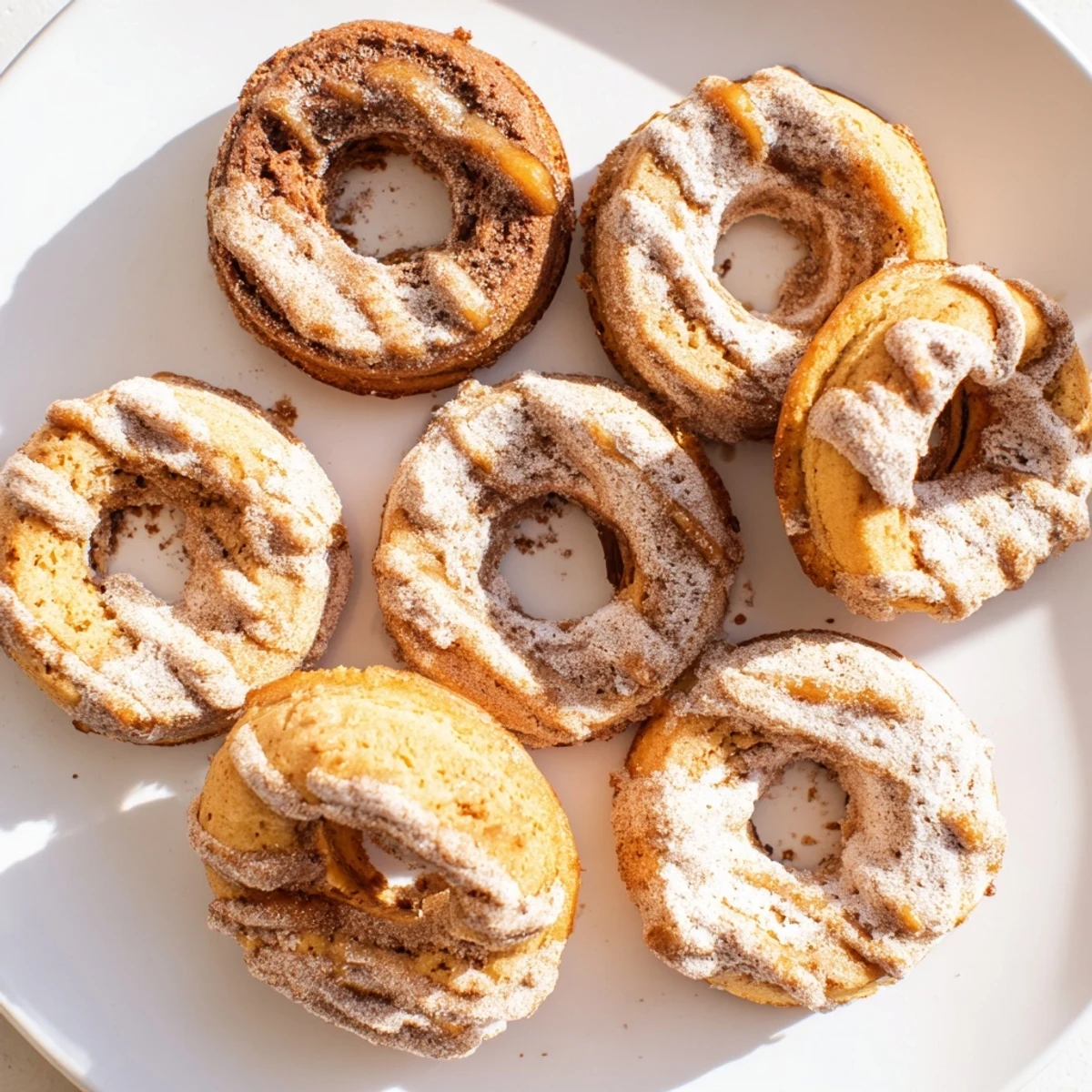Golden banana bread donuts topped with sweet cinnamon glaze and powdered sugar dusting
