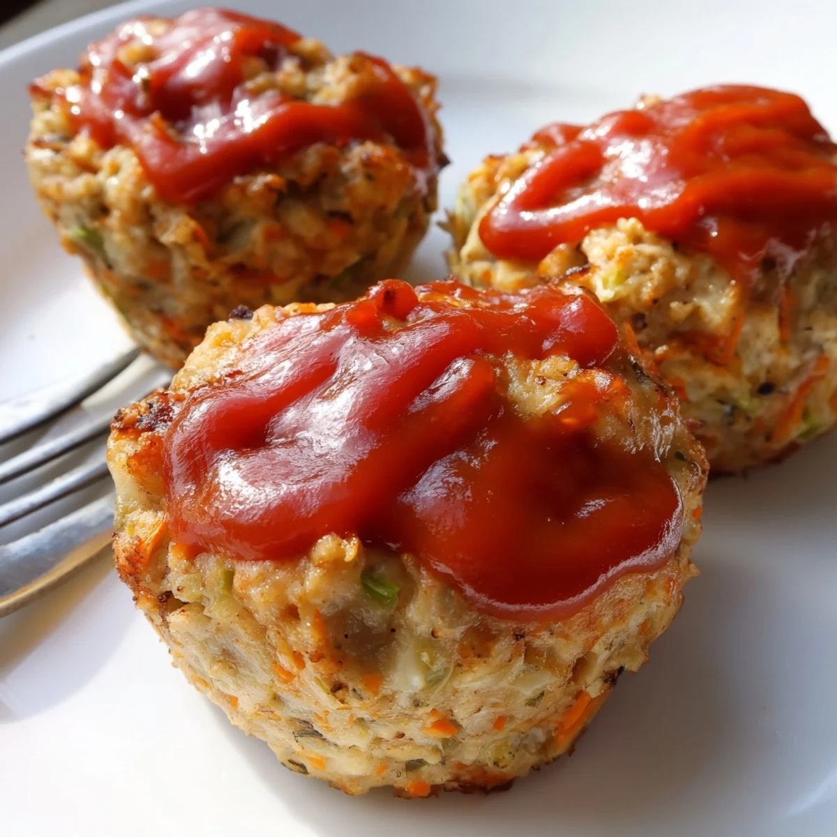 Golden brown turkey meatloaf muffins topped with glazed ketchup in a muffin tin