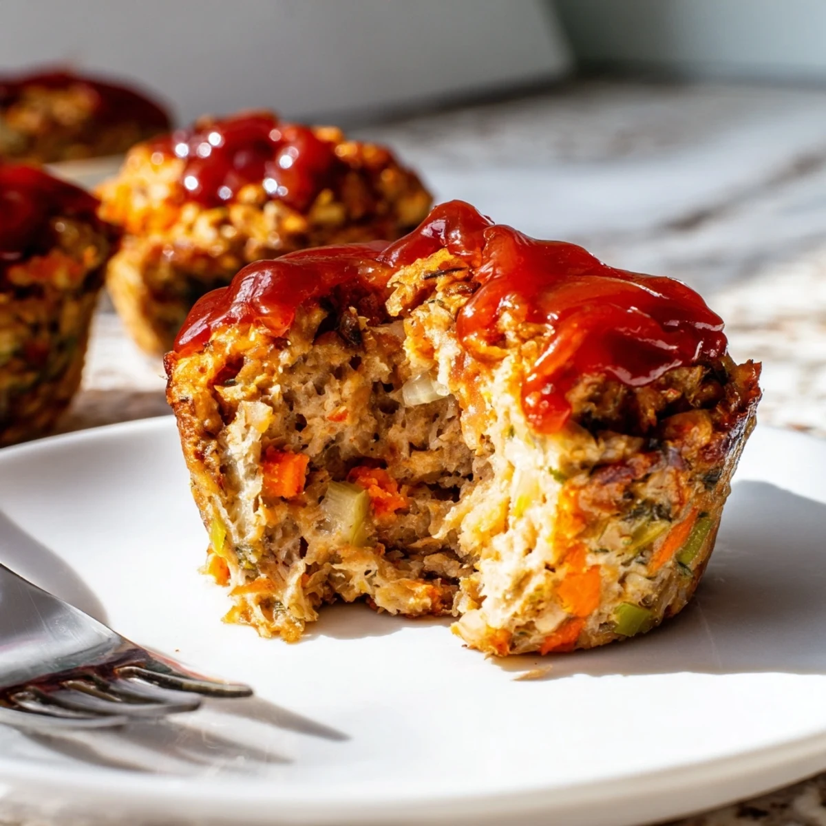 Individual turkey meatloaf muffins with shiny ketchup glaze on a serving platter