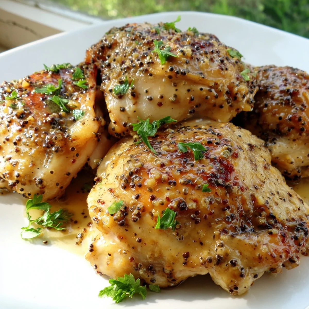 Golden brown oven baked honey mustard chicken breasts glazed with sticky sweet and tangy sauce