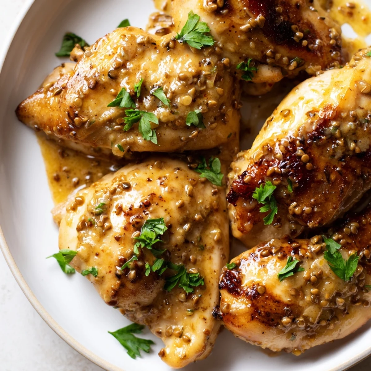 Juicy oven baked honey mustard chicken served on a white plate garnished with fresh parsley