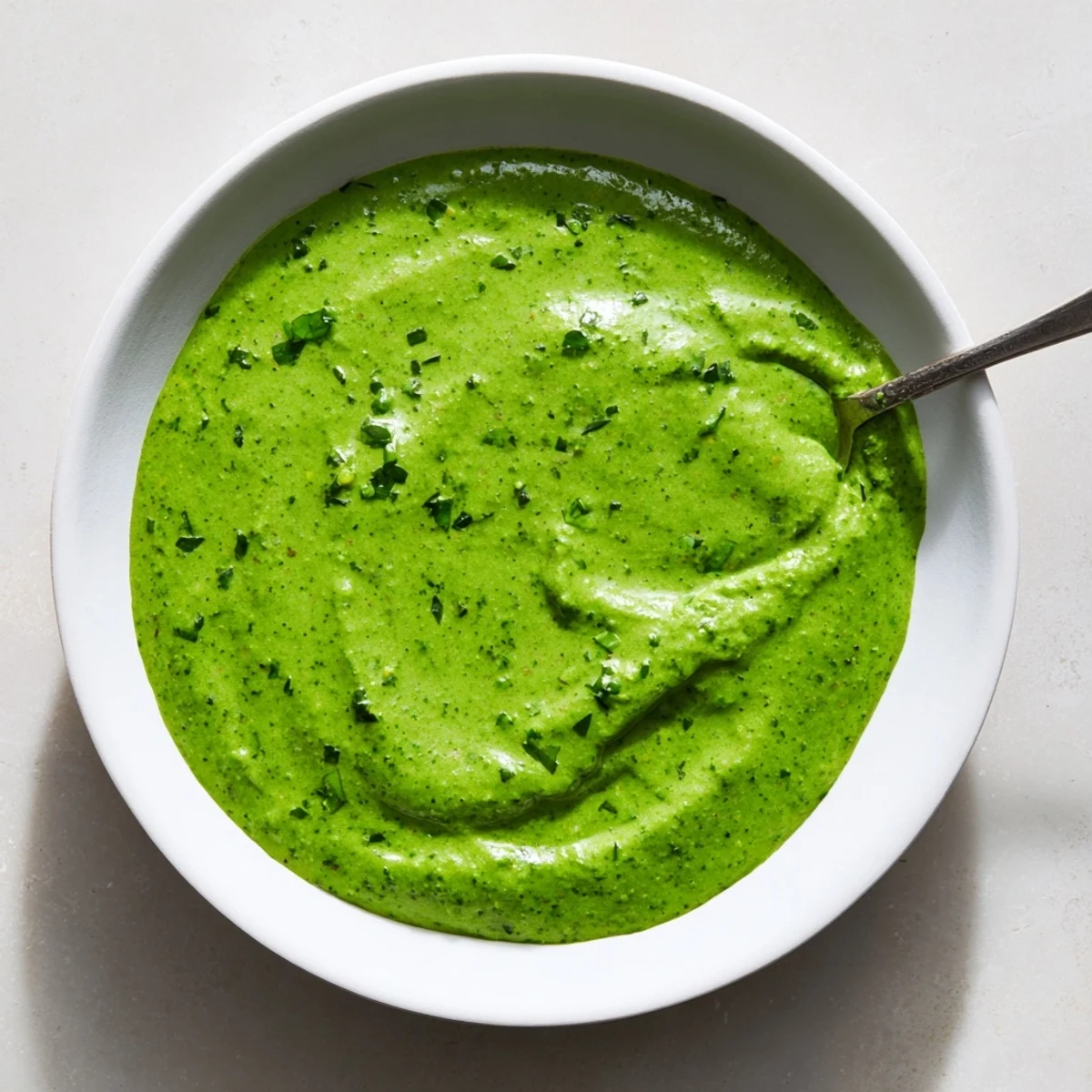Rich Peruvian green sauce aji verde dolloped beside roasted potatoes and lime wedges
