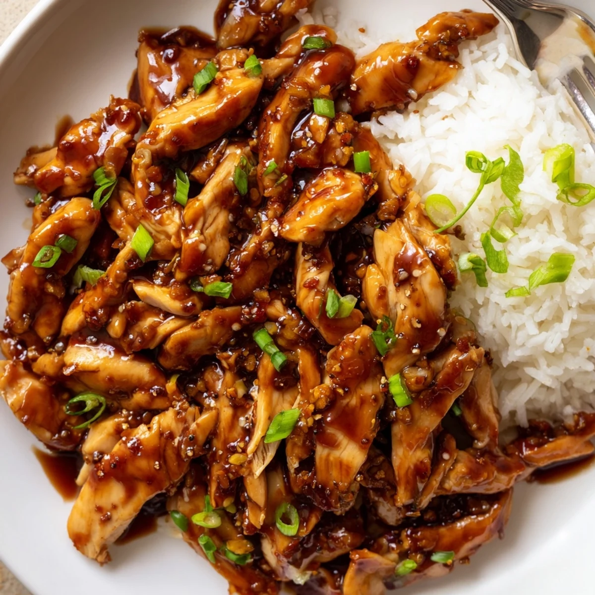 Crockpot Honey Garlic Chicken glistening in sticky sauce over steamed white rice