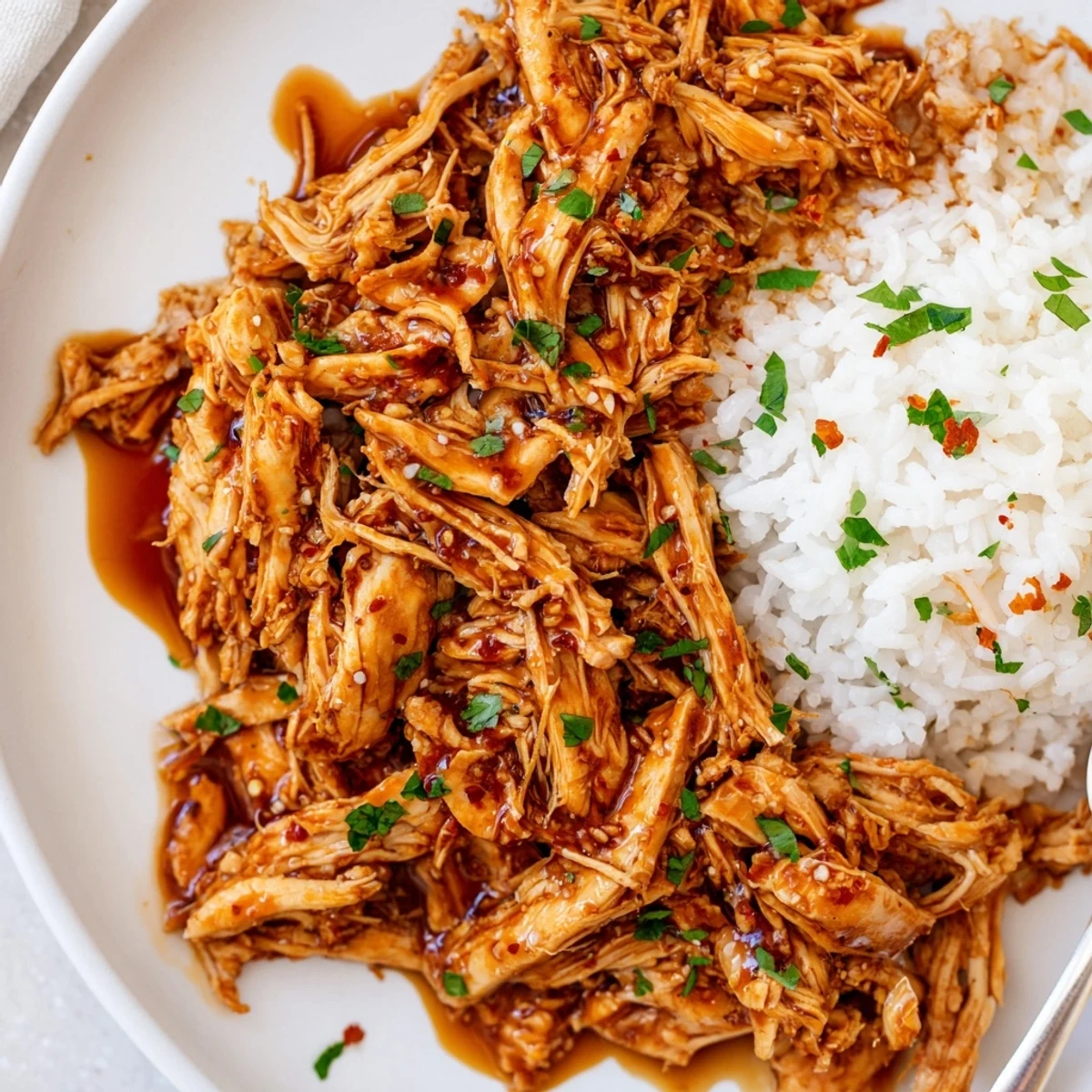 Crockpot Honey Garlic Chicken tender, slow-cooked aroma filling kitchen, served with quinoa