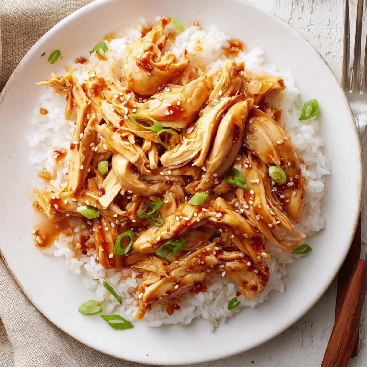 Crockpot Honey Garlic Chicken shredded and saucy, garnished with chopped green onions