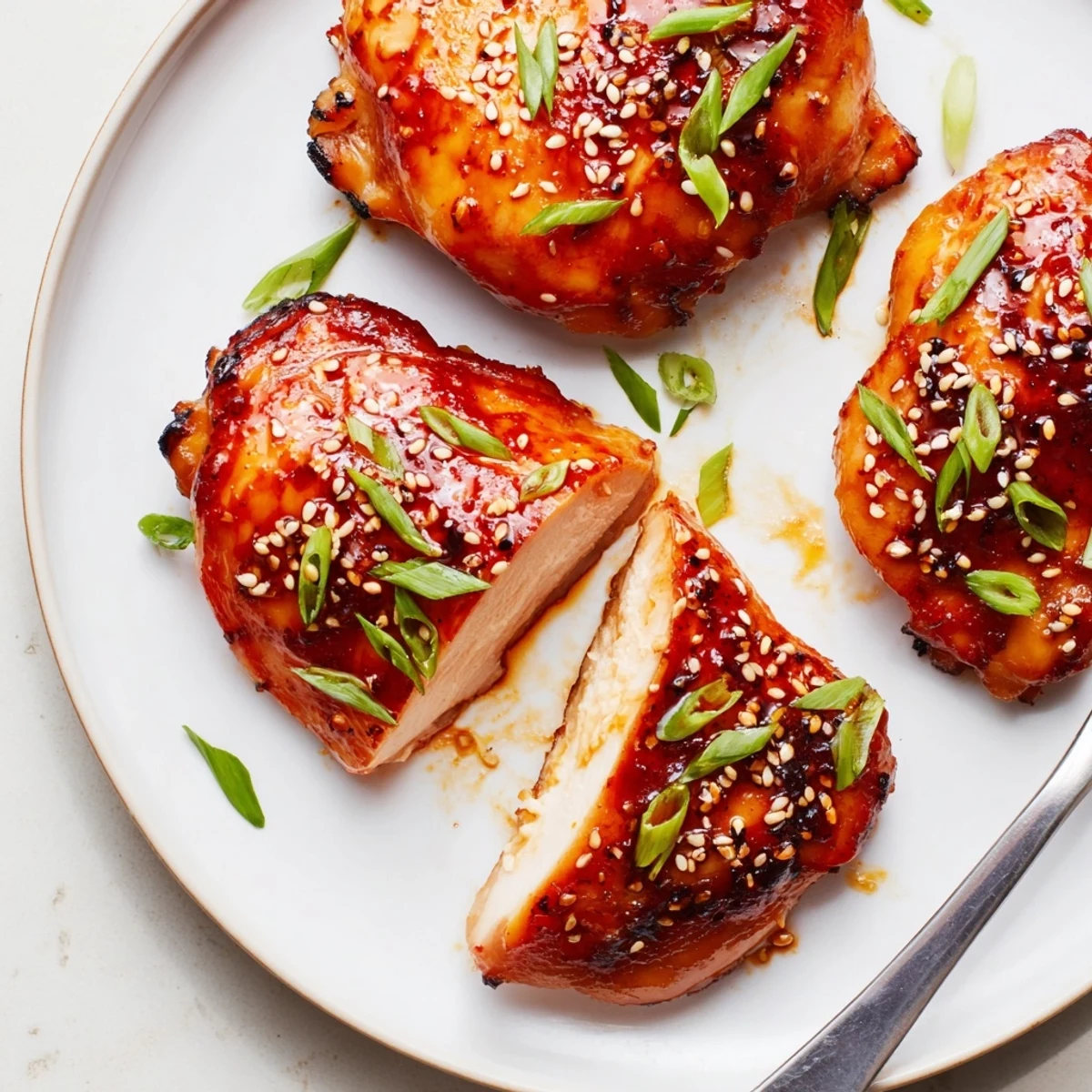 Glazed Juicy Korean Chicken Thighs on platter, caramelized edges and sesame garnish