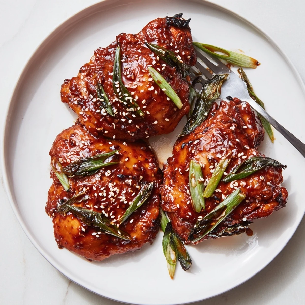 Warm Juicy Korean Chicken Thighs served over steamed rice with kimchi suggestion