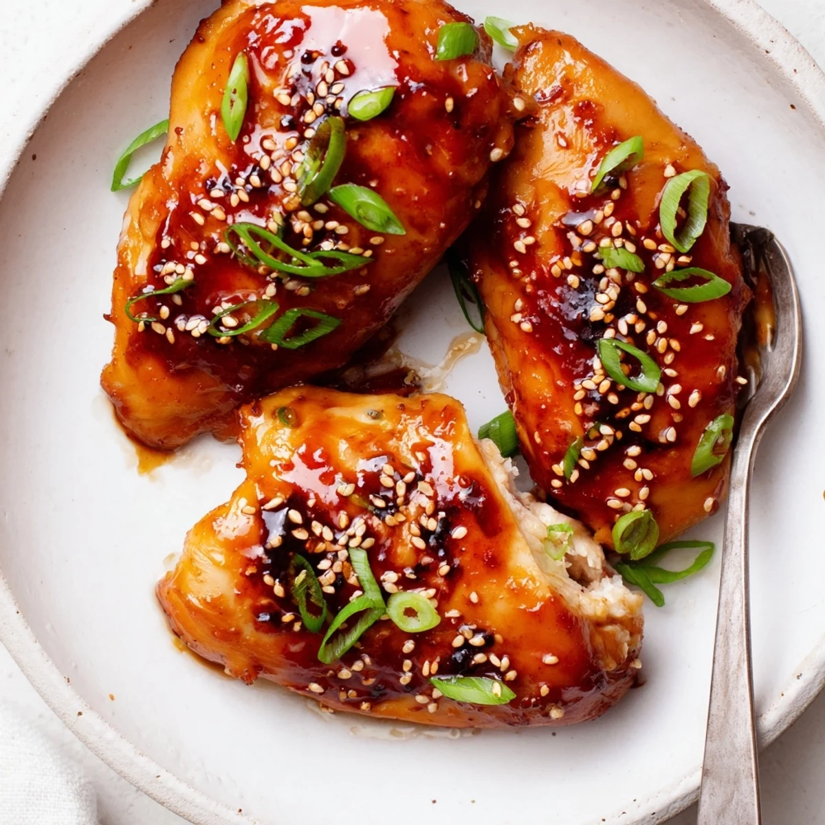 Sizzling Juicy Korean Chicken Thighs straight from the grill, green onions sprinkled