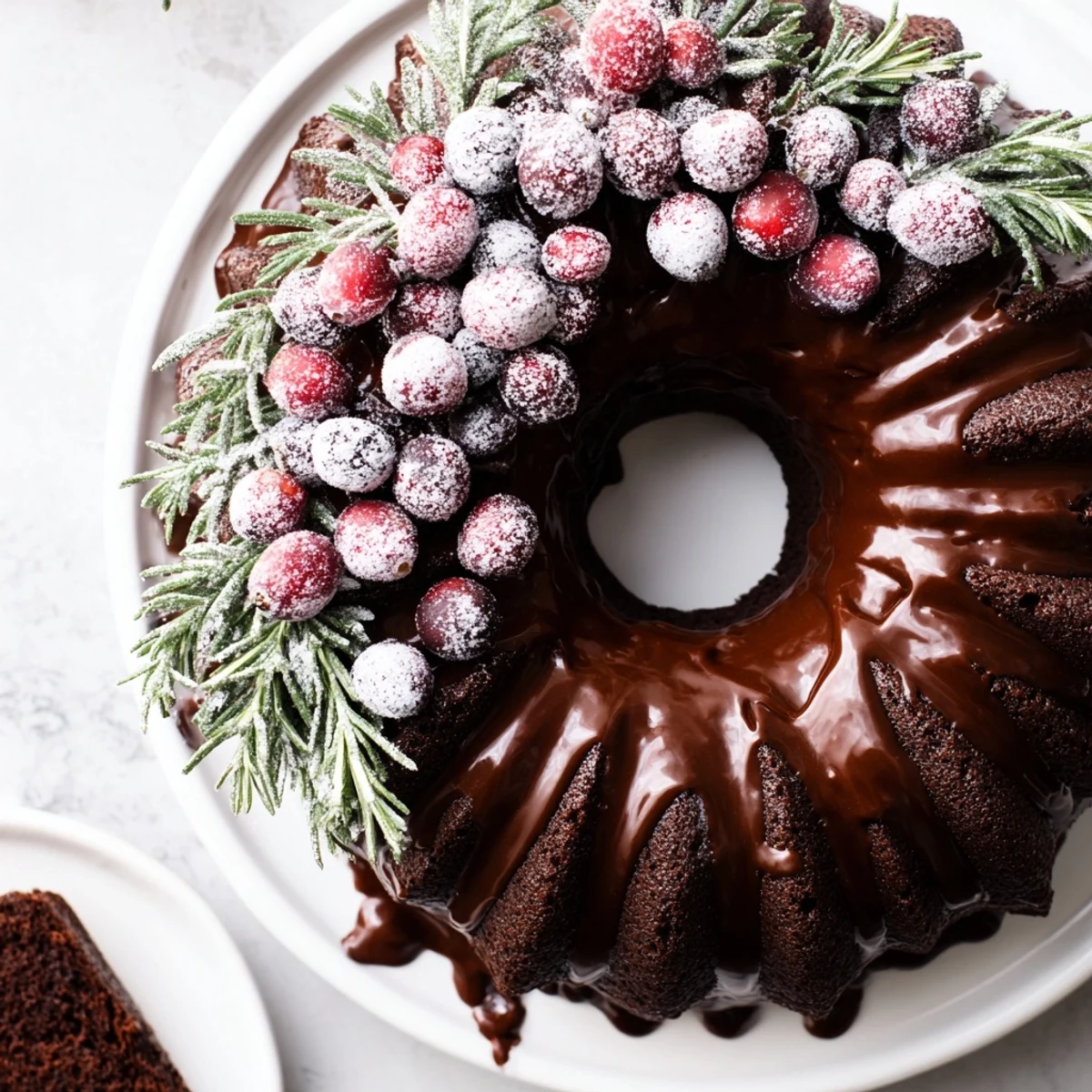 Chocolate Bundt Cake Christmas Wreath with glossy chocolate glaze, sugared cranberries  