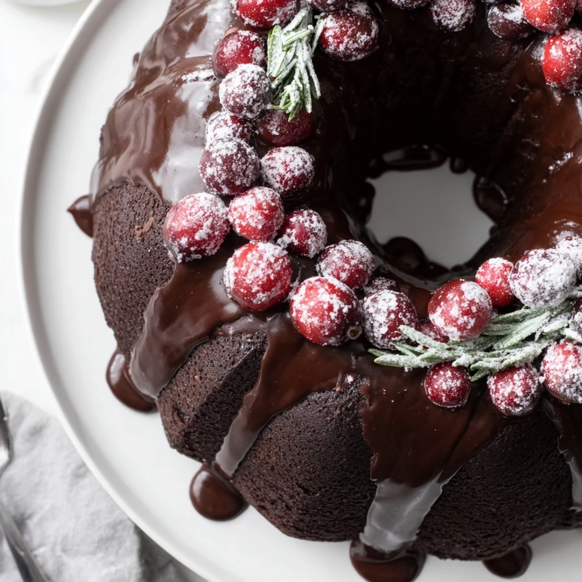 Chocolate Bundt Cake Christmas Wreath arranged with rosemary sprigs and snowy powdered sugar  