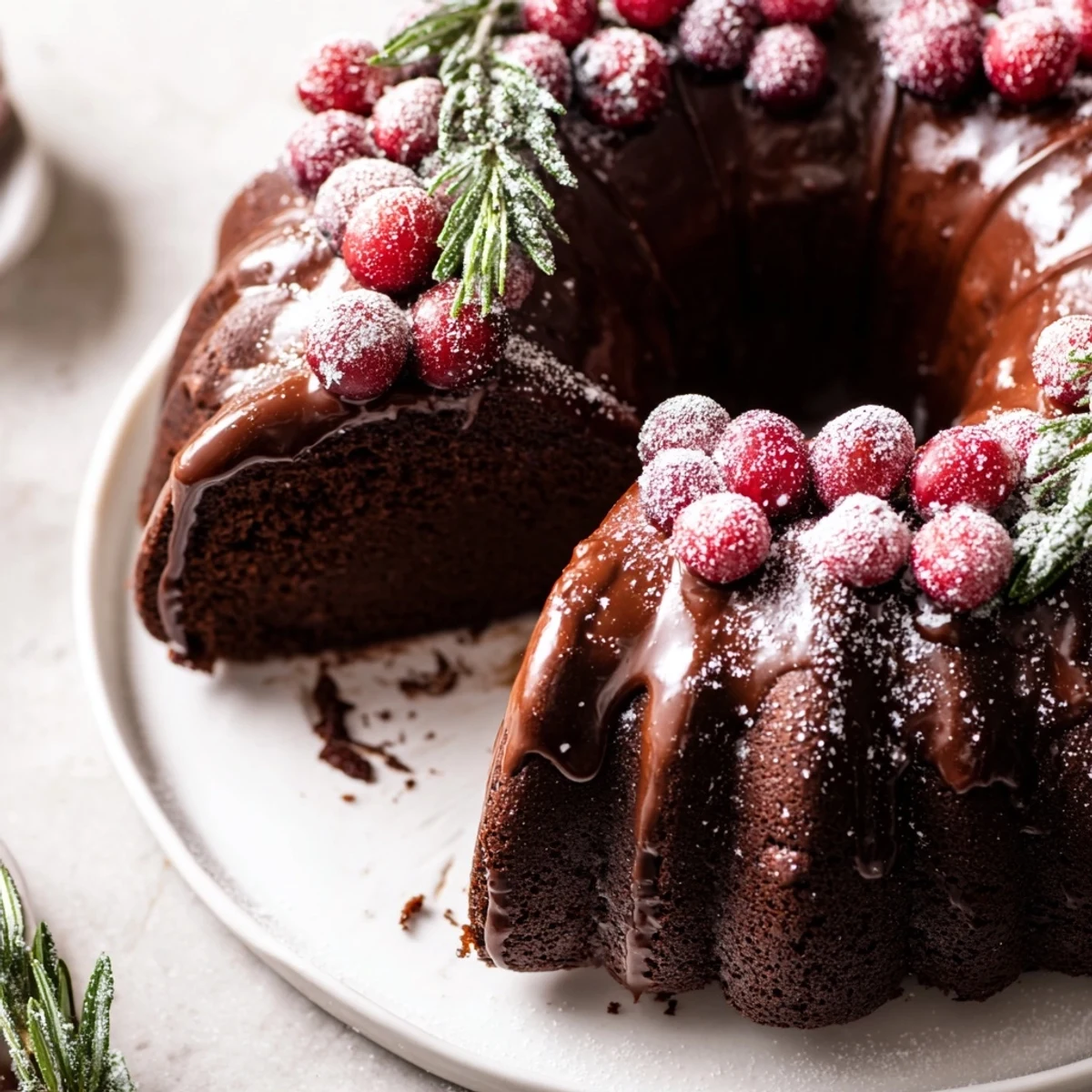 Chocolate Bundt Cake Christmas Wreath centerpiece beside steaming mugs of hot cocoa