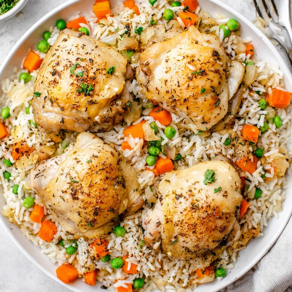 Bite-ready Slow Cooker Lemon Herb Chicken And Rice with fluffy rice, parsley garnish