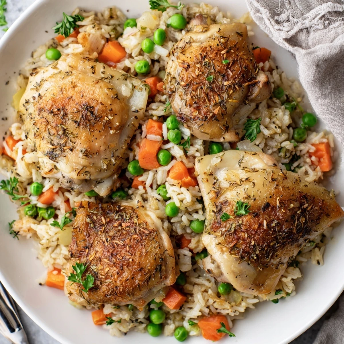 Family-style Slow Cooker Lemon Herb Chicken And Rice, tender thighs, zesty broth