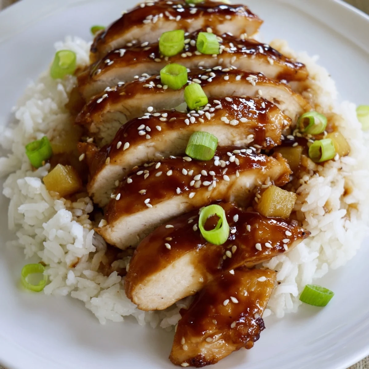 Sliced Hawaiian Chicken With Coconut Rice drizzled with tangy sauce, garnished with sesame