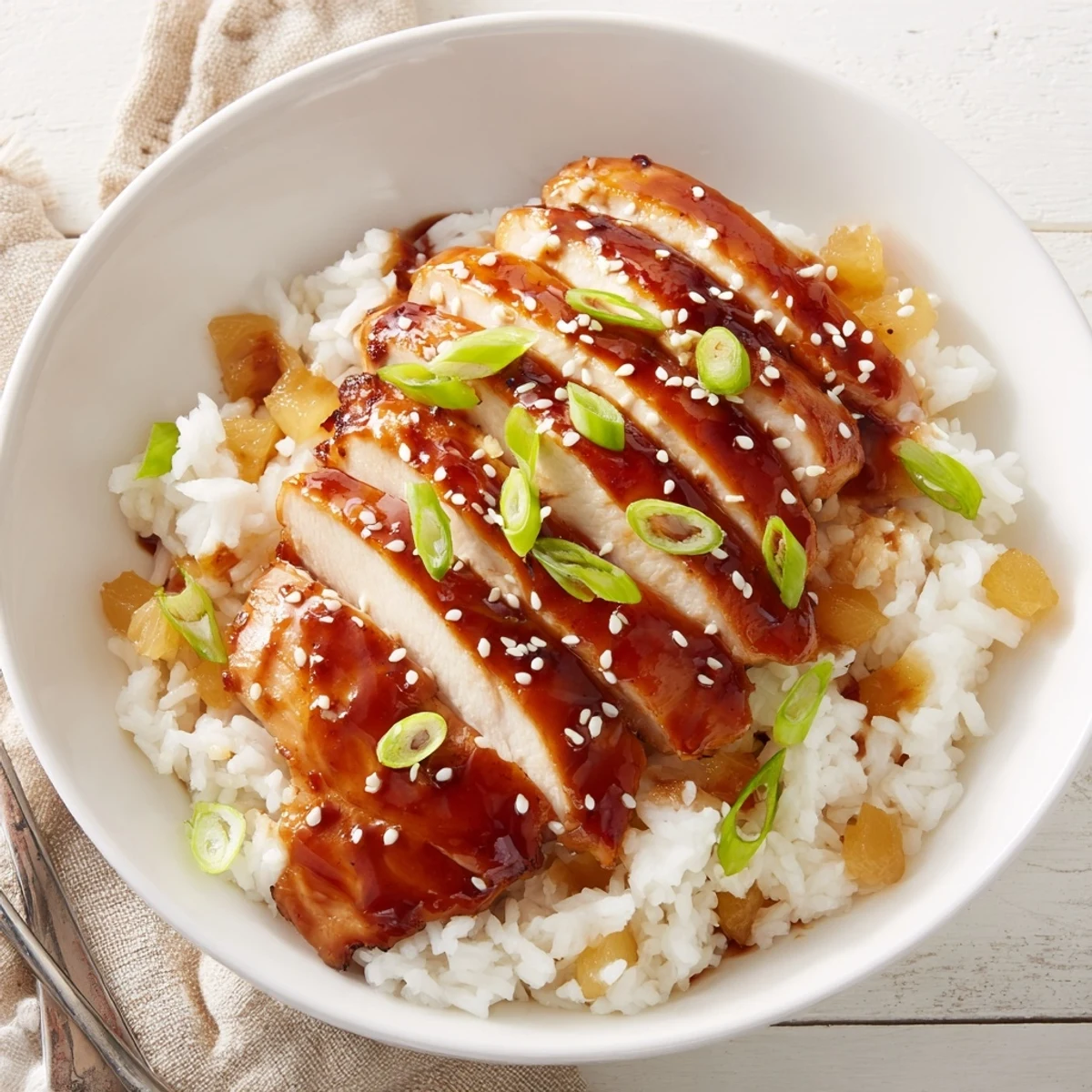 Hawaiian Chicken With Coconut Rice plated with glossy pineapple glaze and green onions