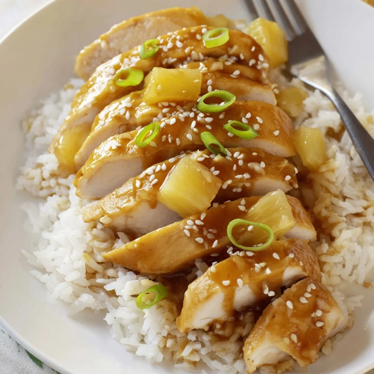 Grilled Hawaiian Chicken With Coconut Rice served on a sunny plate, tropical aroma