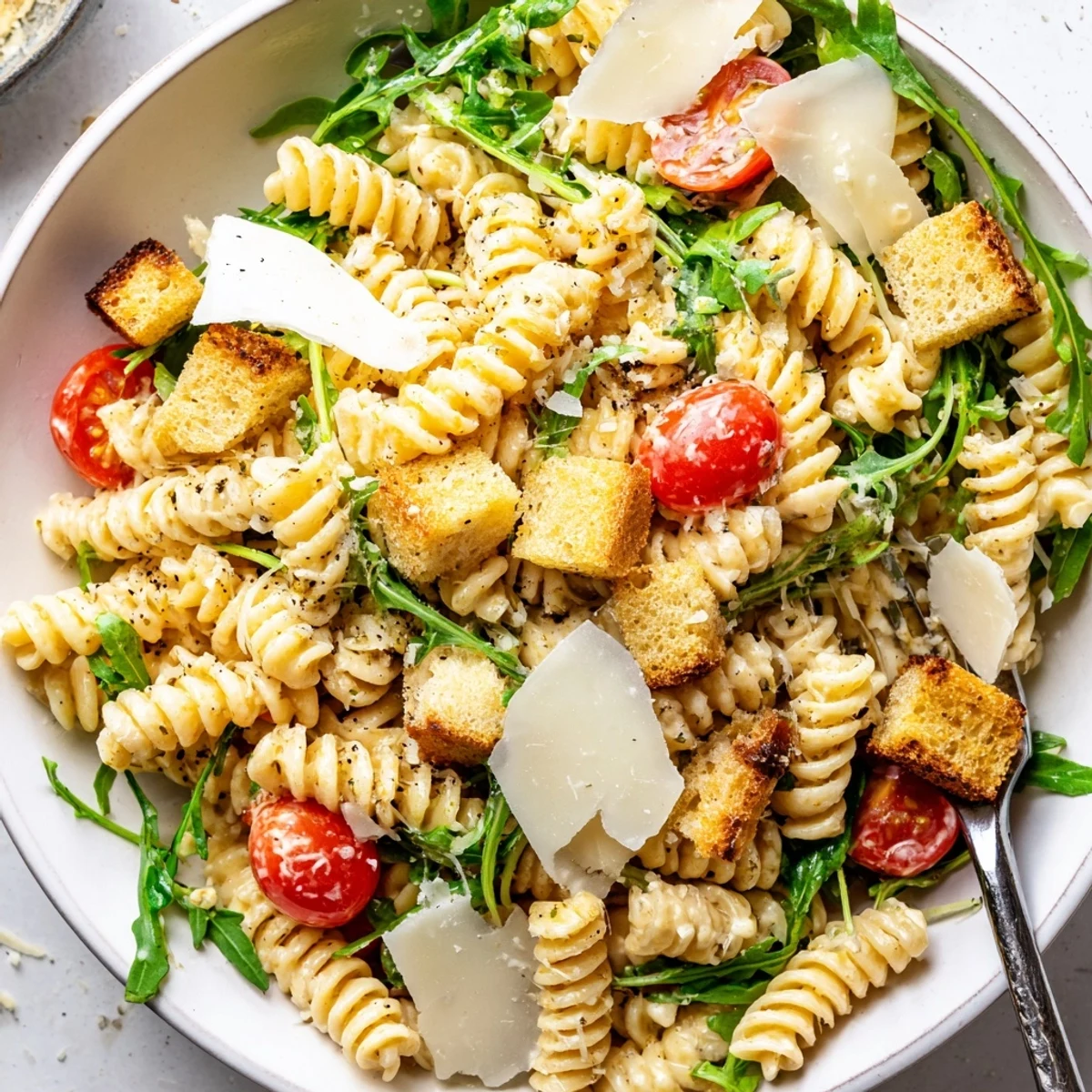 Arugula Pasta Caesar Salad tossed in creamy dressing with shaved Parmesan  