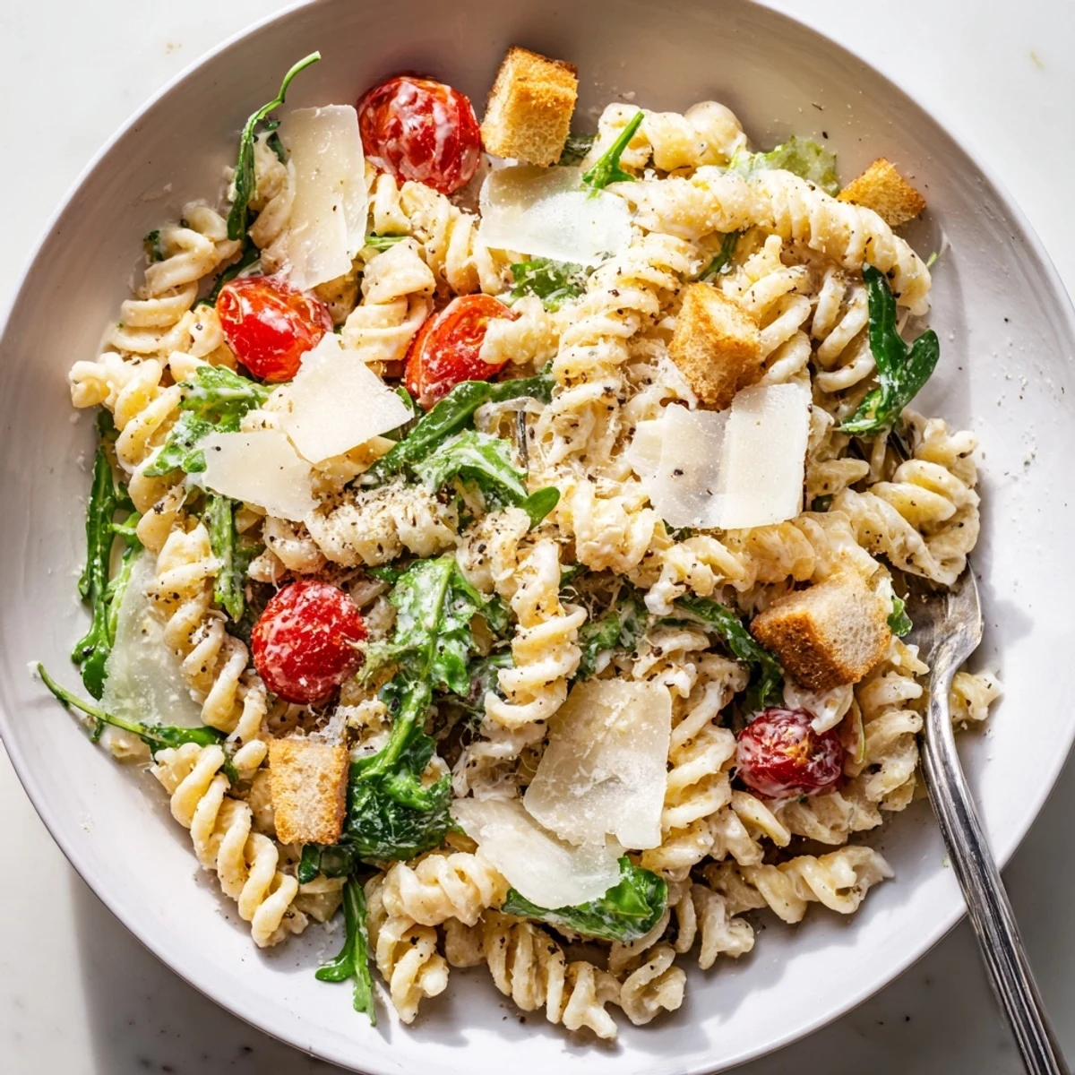 Bright Arugula Pasta Caesar Salad with peppery greens, juicy tomatoes, crunchy croutons  