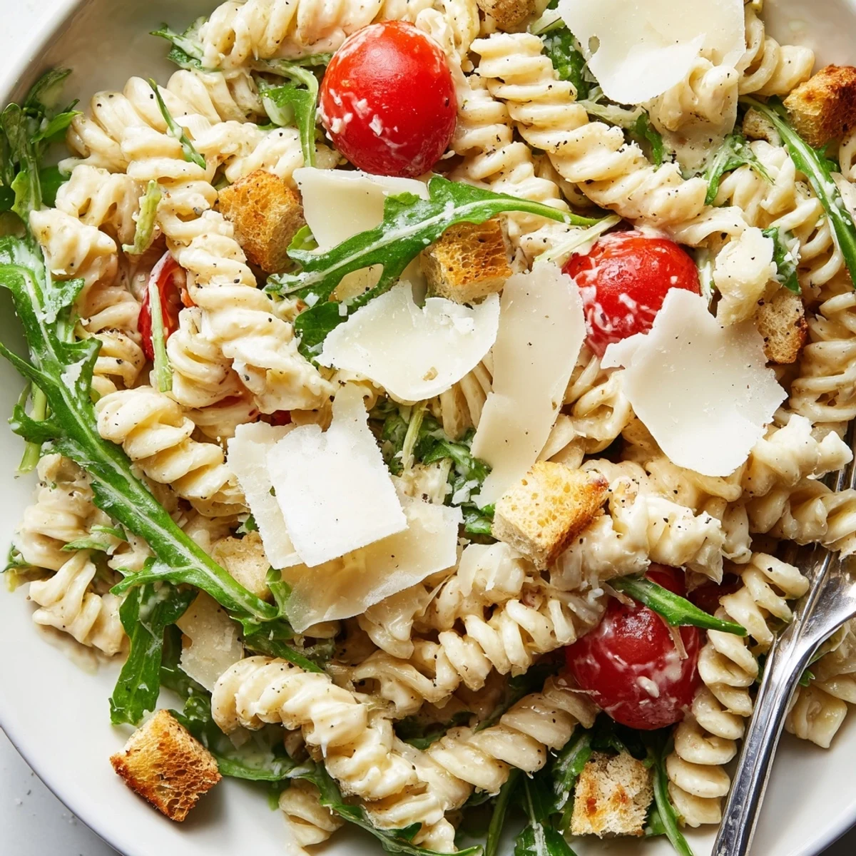 Chilled Arugula Pasta Caesar Salad served as hearty lunch, lemony garlic notes