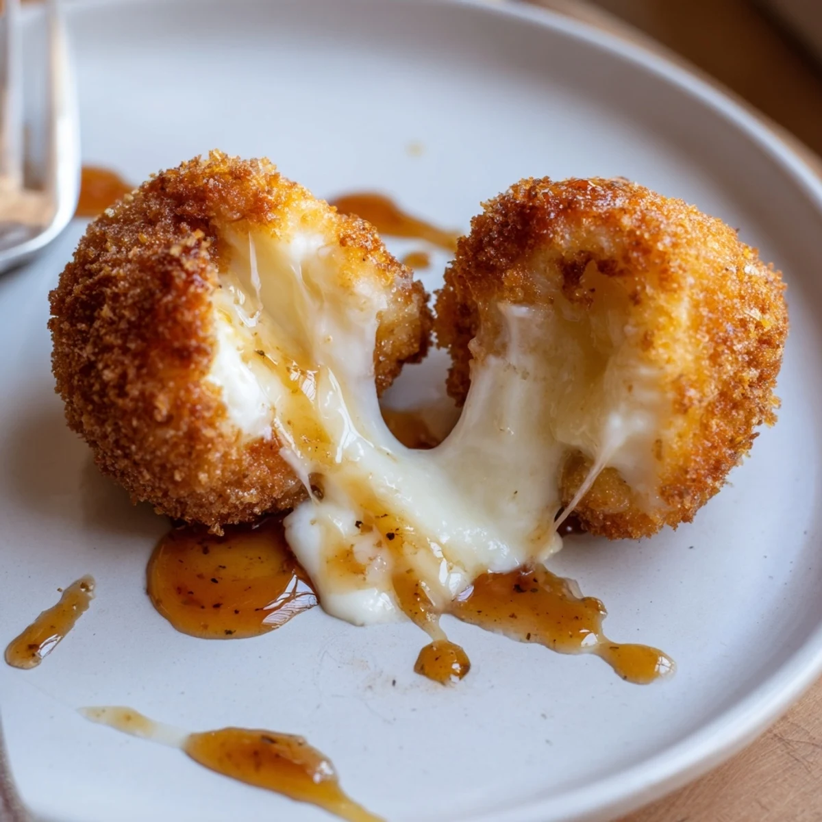Handheld Irresistible Crispy Mozzarella Poppers With Maple Glaze resting on parchment-lined board