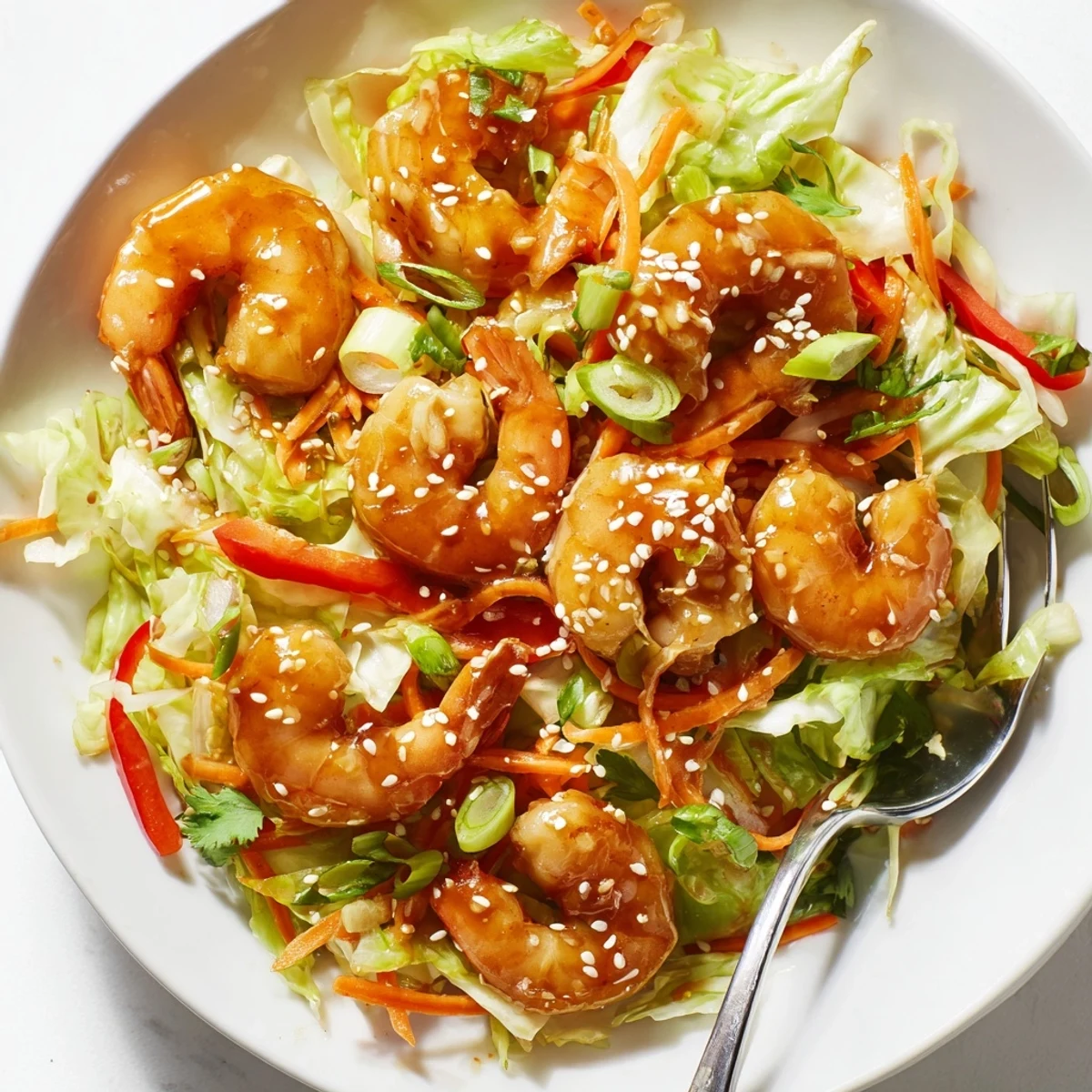 Delicious Asian Shrimp And Cabbage Stir Fry sizzling in wok, garnished with sesame