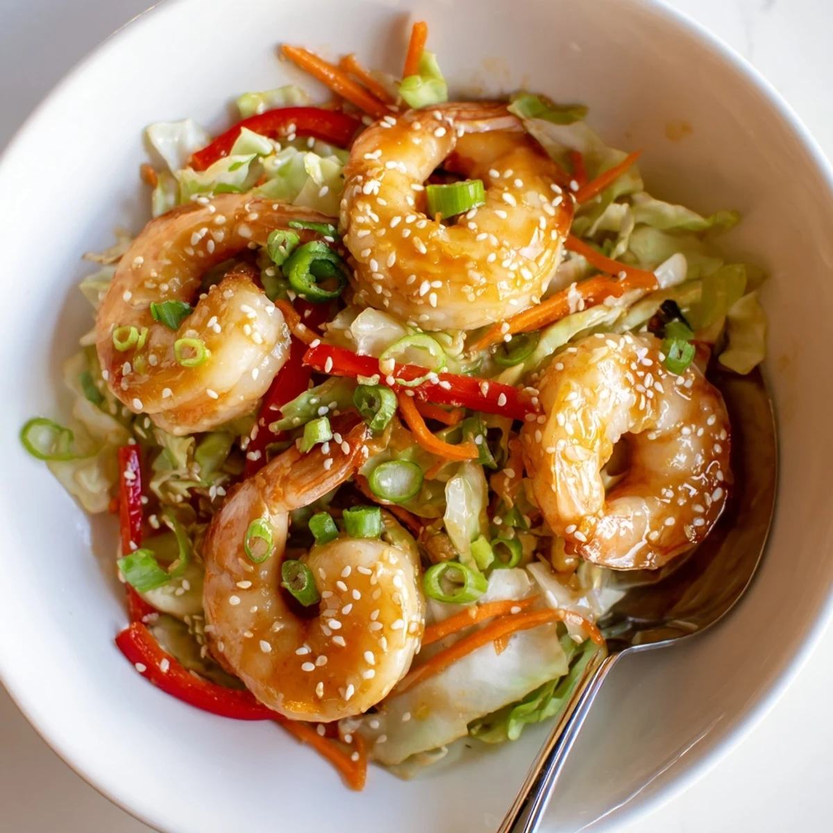 Garlicky, ginger-laced vegetables and pink shrimp in Delicious Asian Shrimp And Cabbage Stir Fry