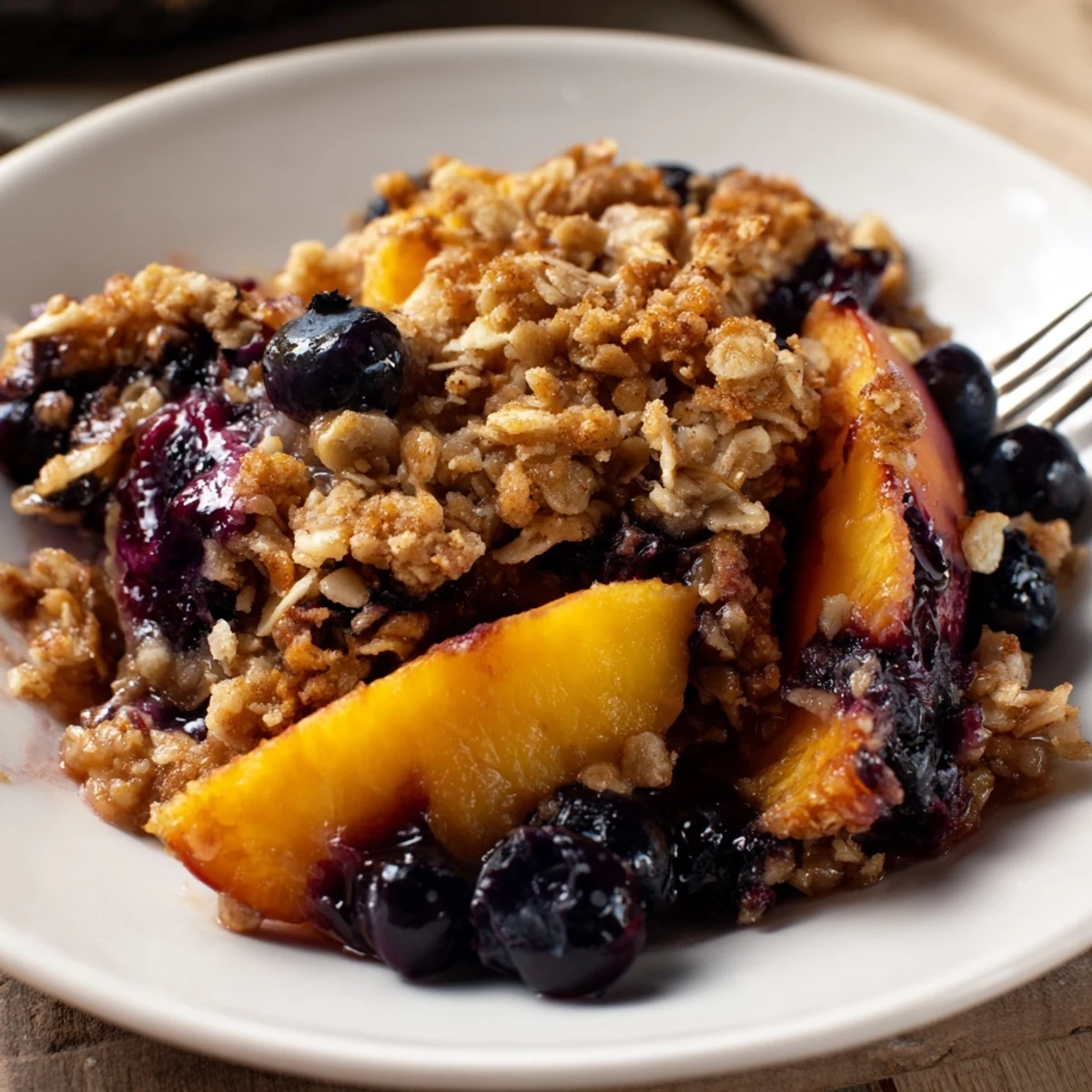 Warm Blueberry Peach Crumble with golden oat topping bubbling, served with ice cream