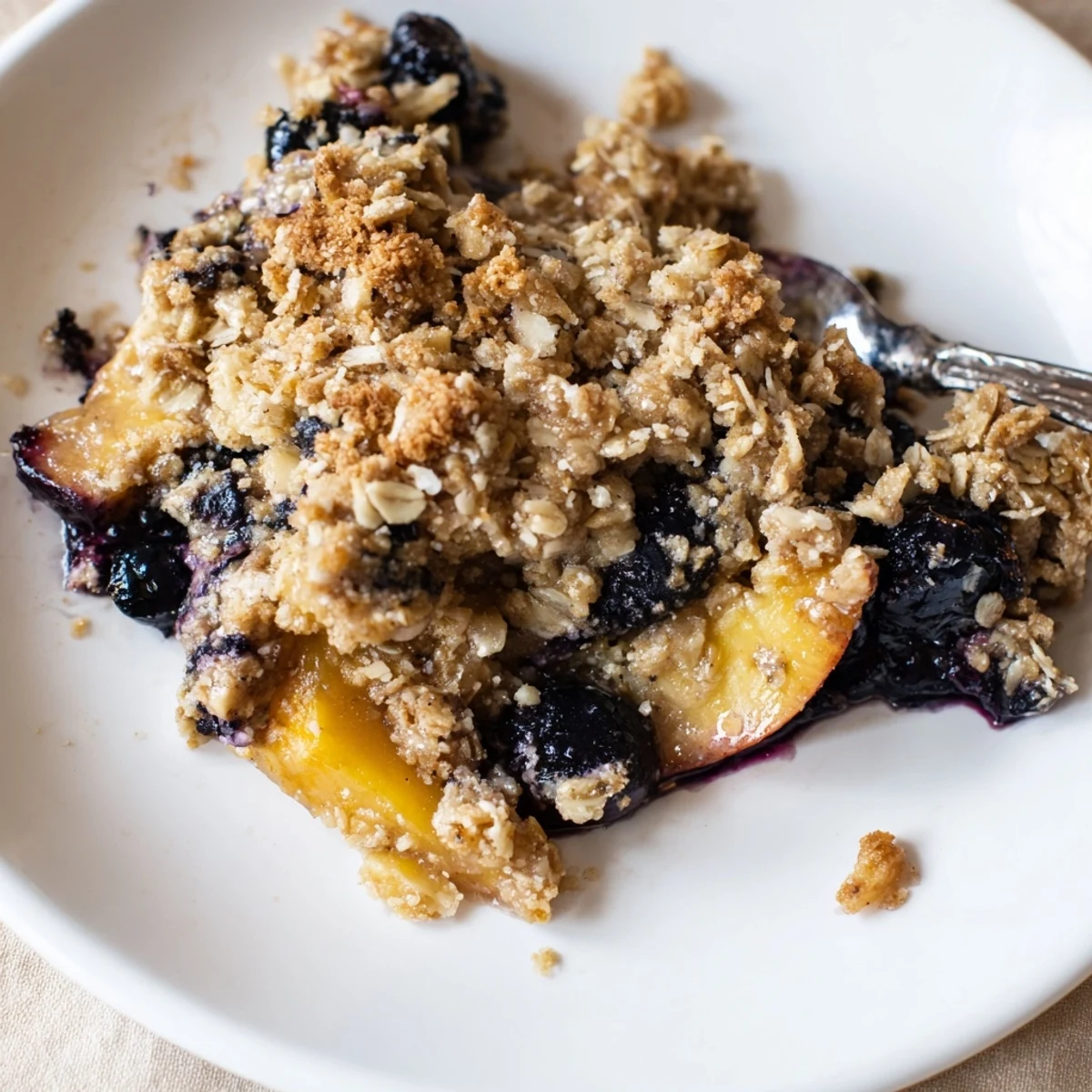 Spoonful of Blueberry Peach Crumble steaming warm, buttery topping and tart berries