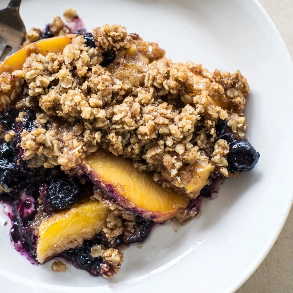 Rustic Blueberry Peach Crumble fresh from oven, juicy fruit and cinnamon aroma