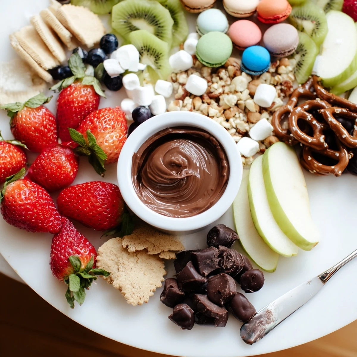 Dessert Charcuterie Board with ripe berries, chocolate bites, and dipping sauces