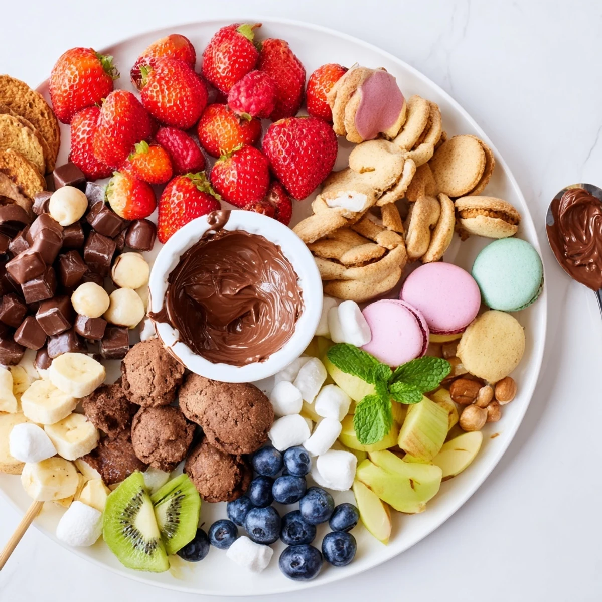 Colorful Dessert Charcuterie Board arranged for sharing at parties, garnished with mint