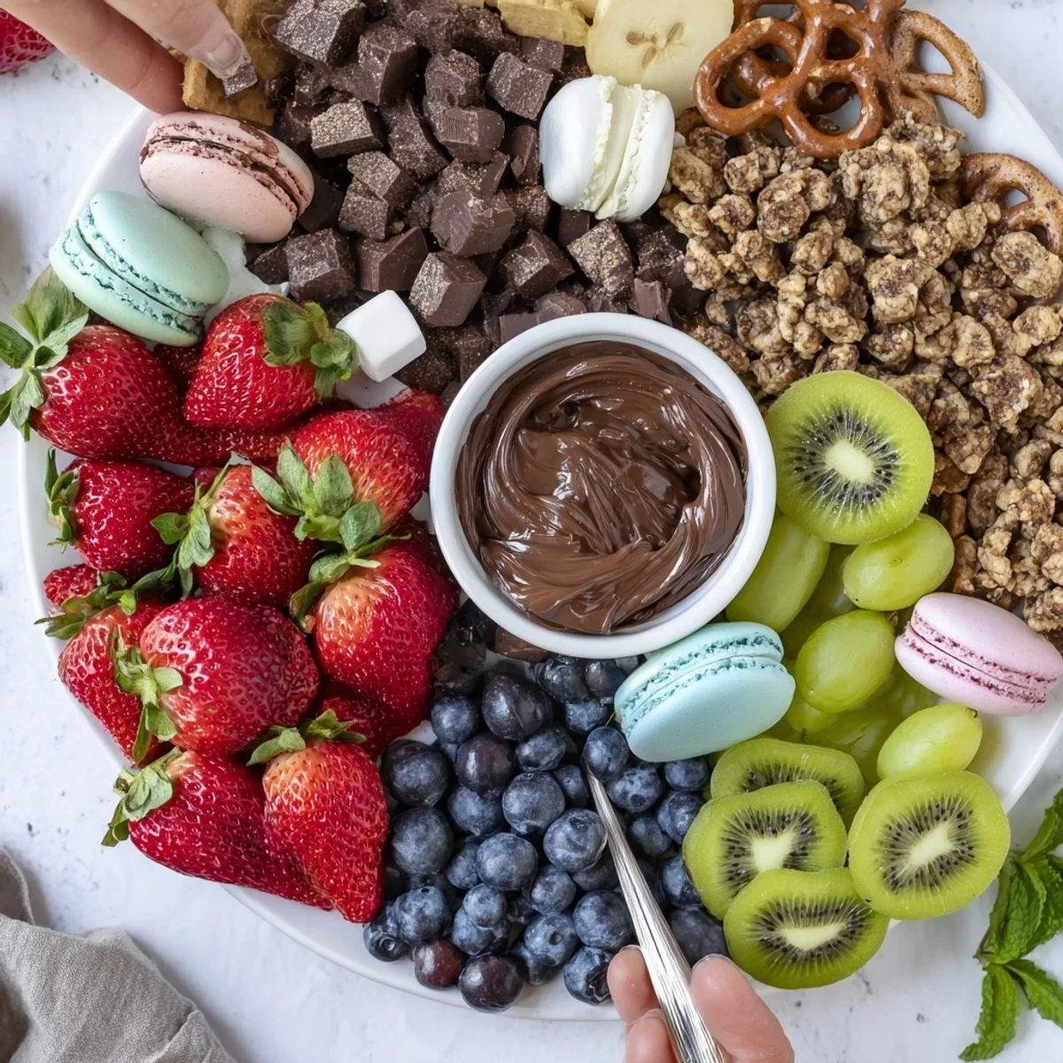 Rustic Dessert Charcuterie Board featuring sliced apples, macarons, salted caramel dip