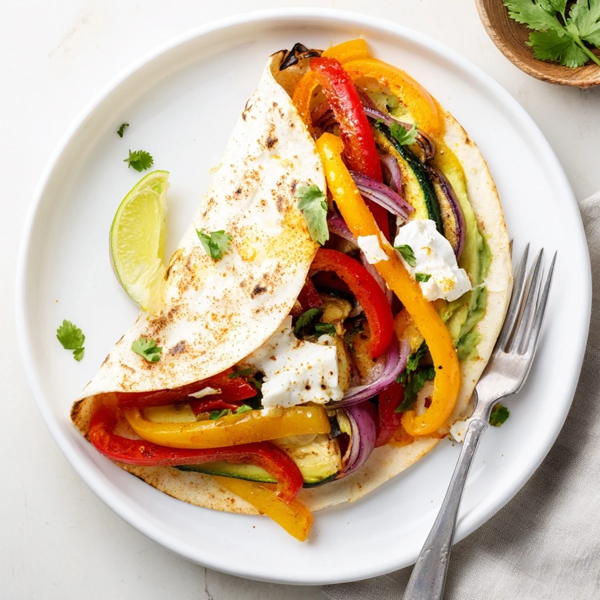 Tajin Feta Sheet Pan Fajitas roasted, vibrant peppers, melted feta, lime wedge.