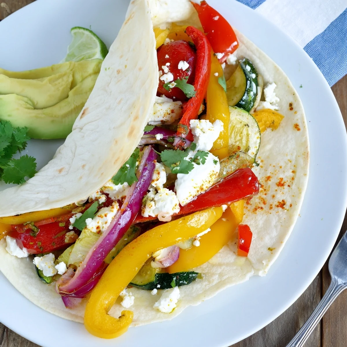 Citrus-spritzed Tajin Feta Sheet Pan Fajitas piled in soft tortillas.