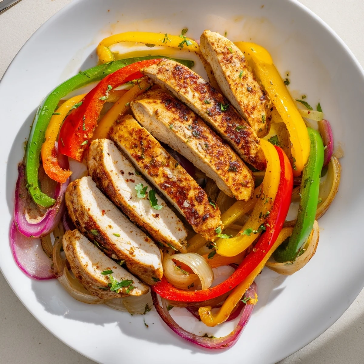 One Pan Chicken And Peppers with golden-seared breasts, colorful bell peppers, fragrant garlic
