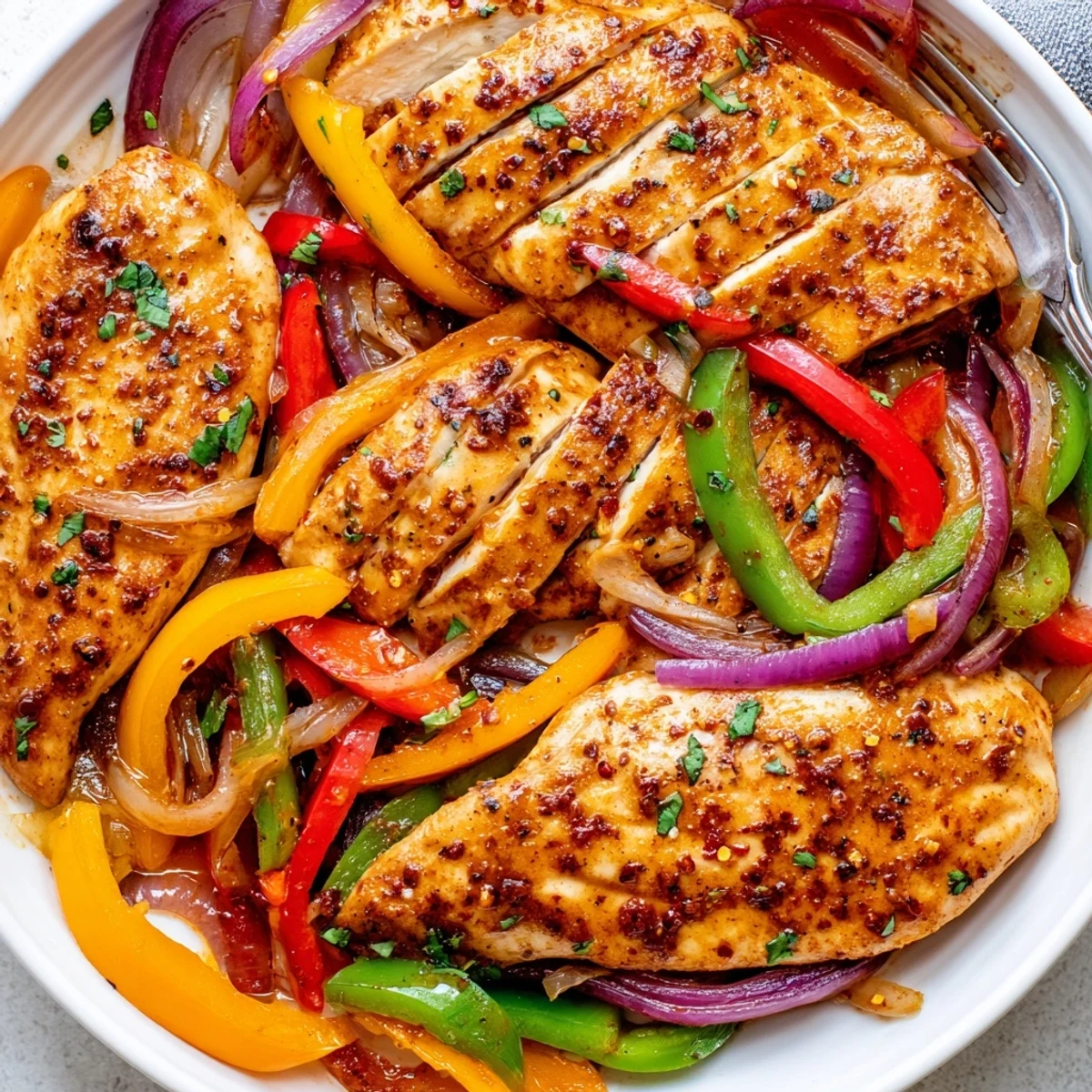 One Pan Chicken And Peppers served hot over rice, juicy chicken and tender peppers