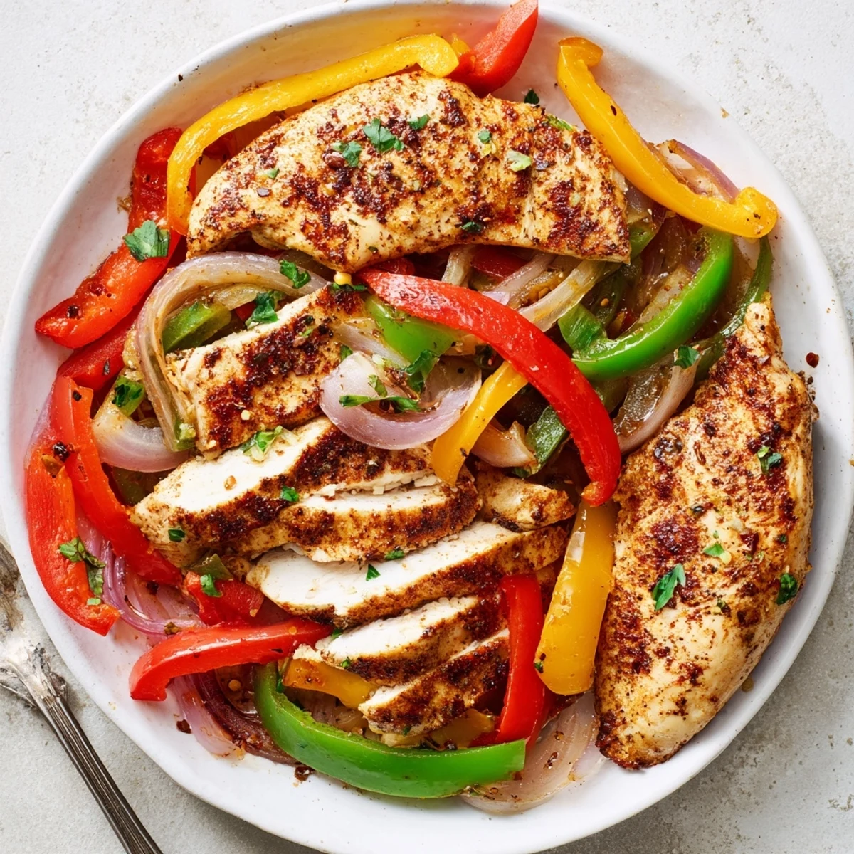 One Pan Chicken And Peppers sizzling in an oven-safe skillet, herbs and parsley