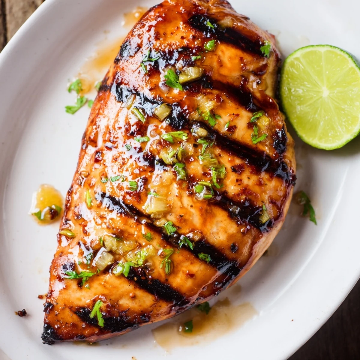 Key West Grilled Chicken With Tropical Citrus Marinade glistening with charred edges, lime wedges