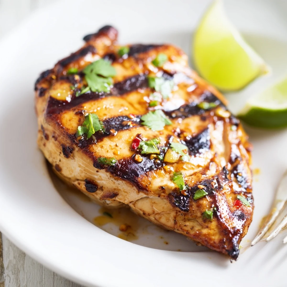 Juicy Key West Grilled Chicken With Tropical Citrus Marinade, smoky grill marks and cilantro
