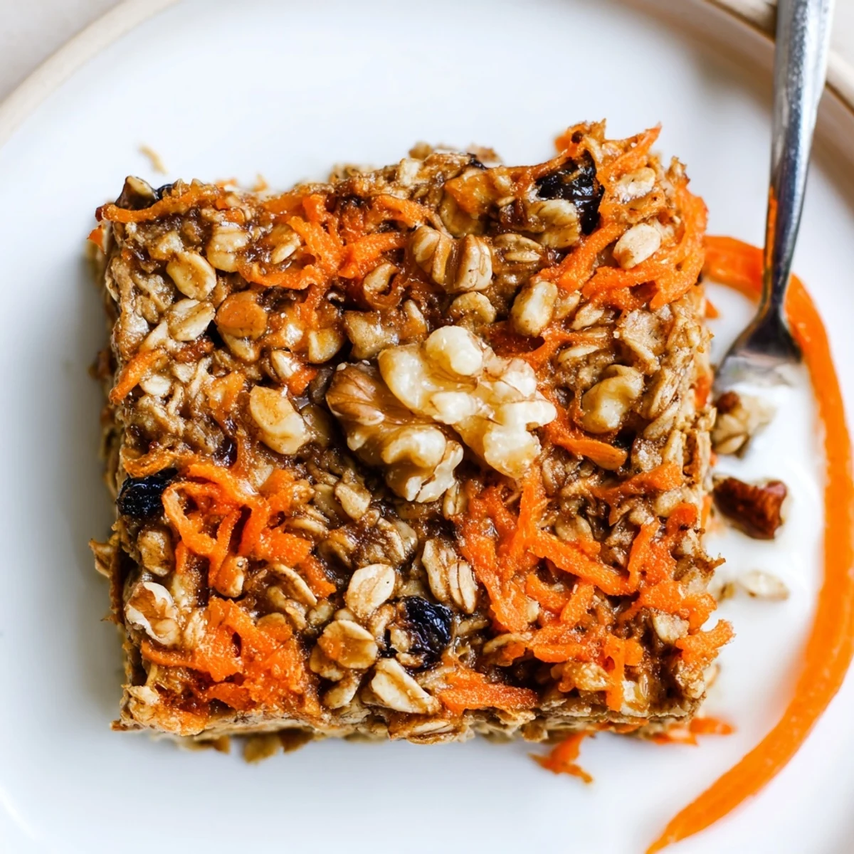 Warm Carrot Cake Baked Oatmeal sliced, cinnamon aroma, raisins and walnuts  
