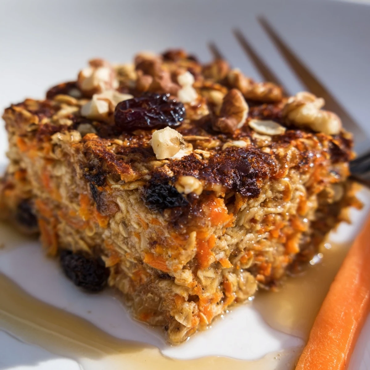 Hearty Carrot Cake Baked Oatmeal with maple drizzle, nutty texture, served warm