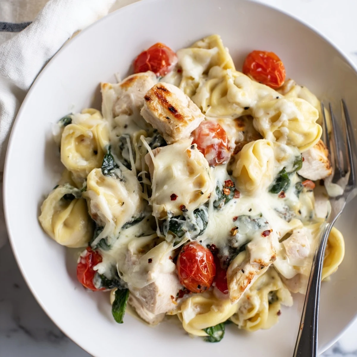 Bubbling, fork-ready Slow Cooker Tortellini Casserole With Cheesy Chicken Pesto