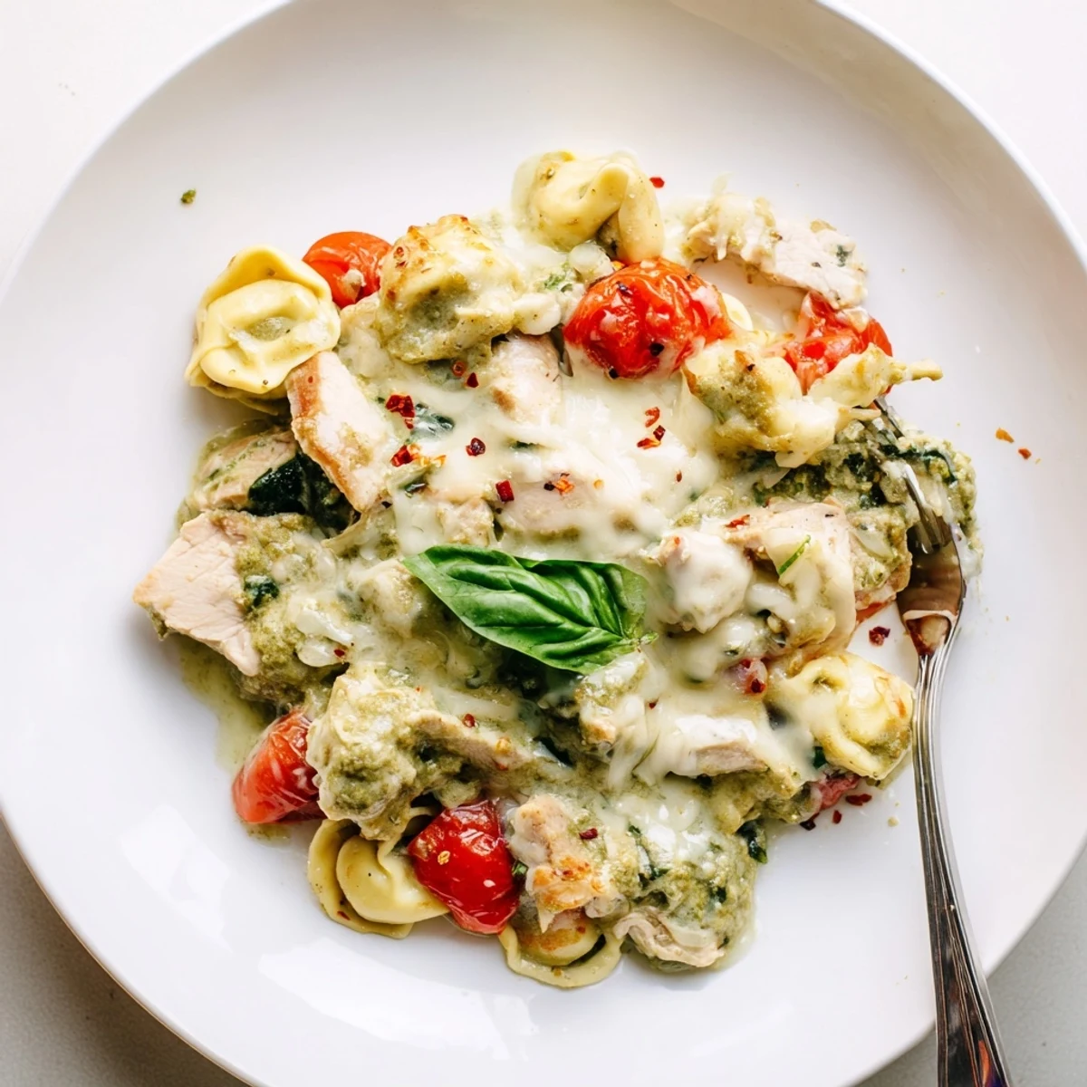 Slow Cooker Tortellini Casserole With Cheesy Chicken Pesto slow-simmered, tender chicken, vibrant pesto swirls
