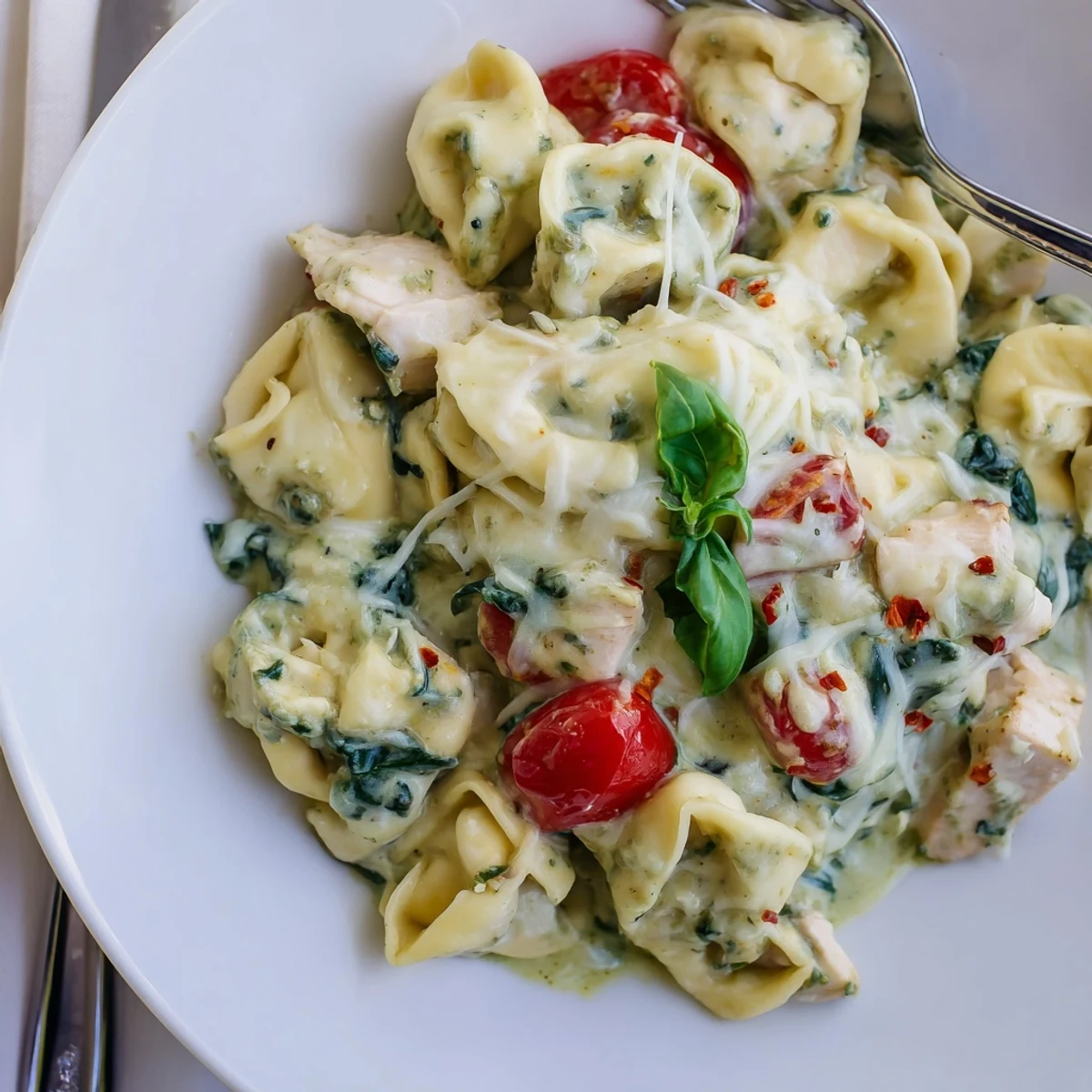 Slow Cooker Tortellini Casserole With Cheesy Chicken Pesto creamy, spoon-ready, topped with fresh basil