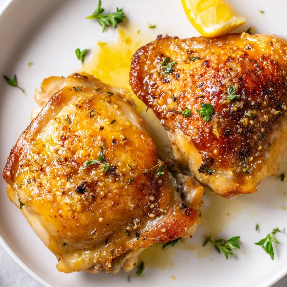 Juicy Lemon Pepper Chicken Thighs marinated in garlic and thyme, served alongside roasted potatoes.