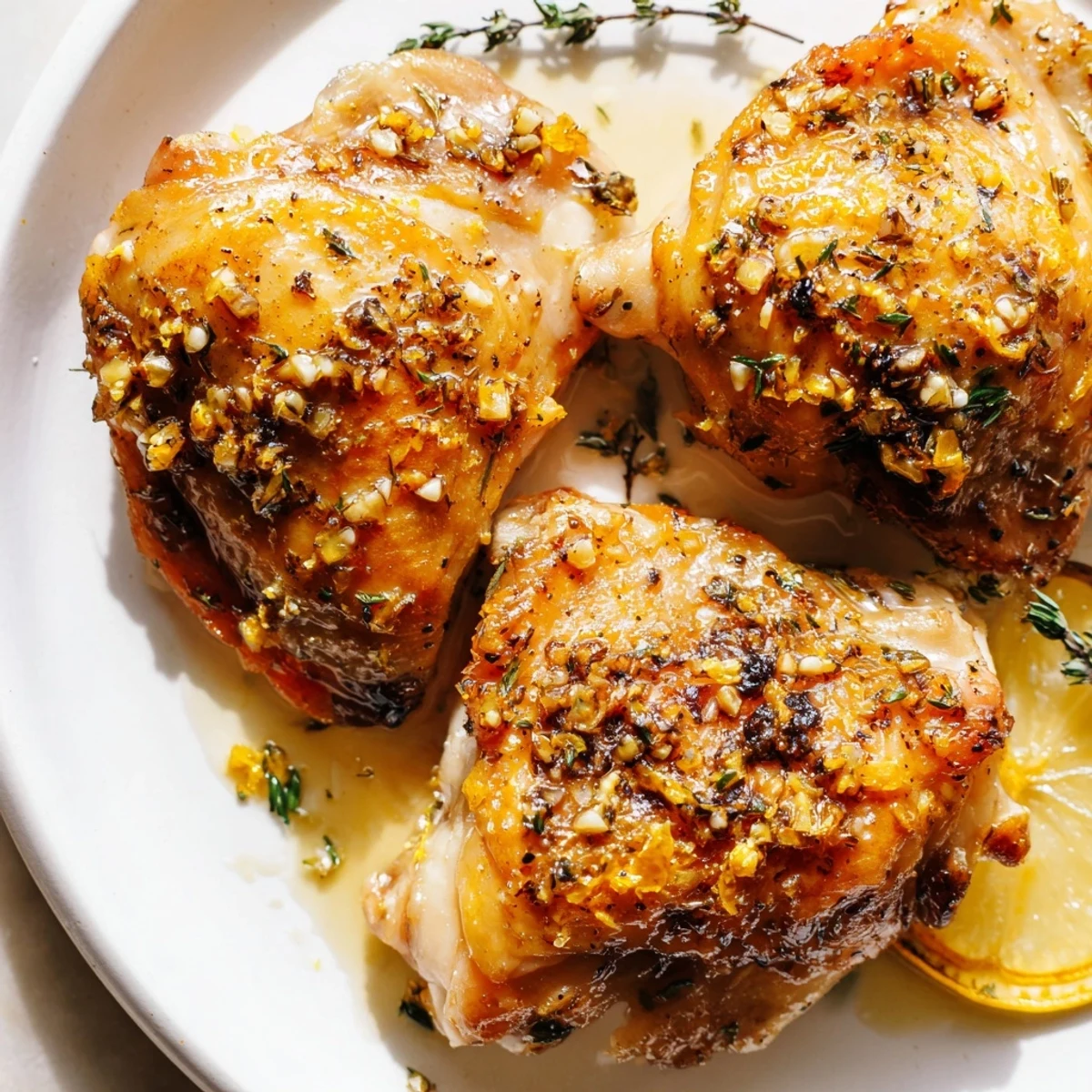 Plated Lemon Pepper Chicken Thighs garnished with chopped parsley and lemon wedges.