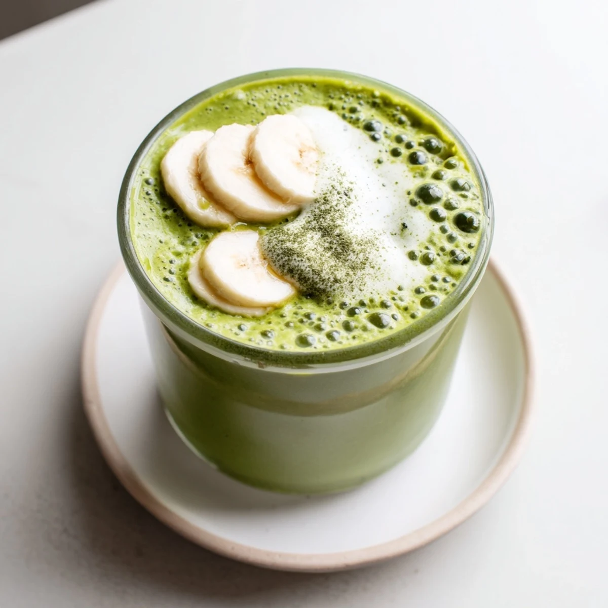 Matcha Smoothie poured into tall glass, creamy green swirl, chilled and refreshing