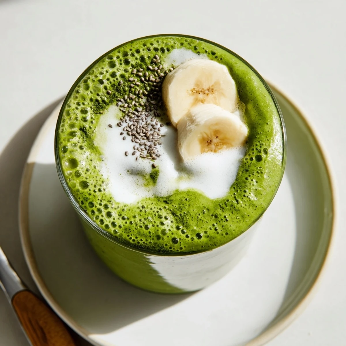 Creamy Matcha Smoothie with banana and almond milk, served with ice