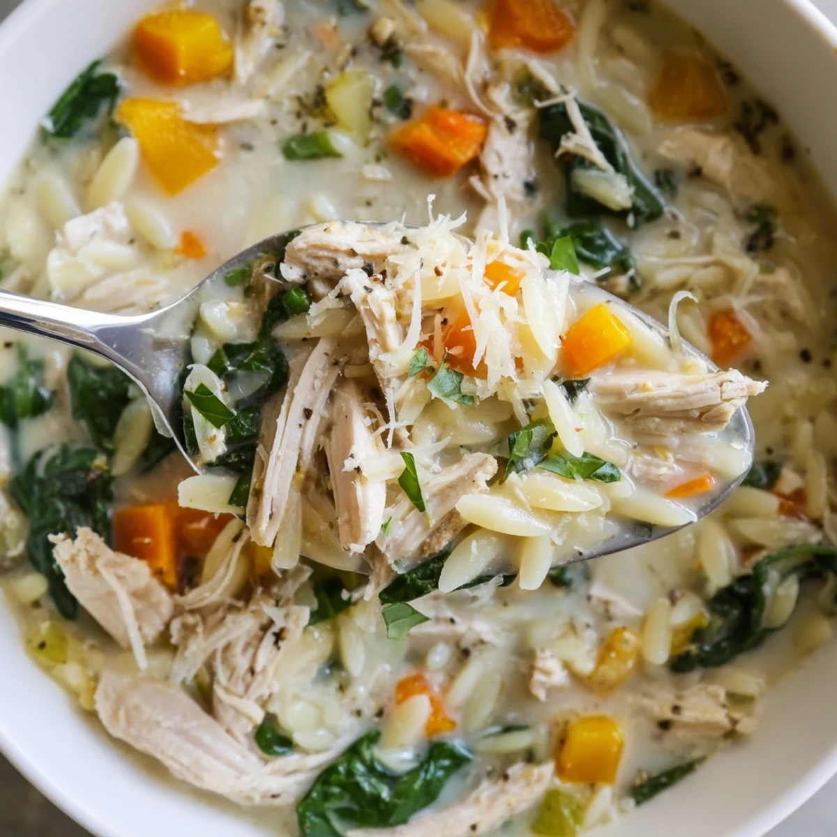 Bowl of Creamy Chicken Florentine Soup With Orzo served with crusty bread